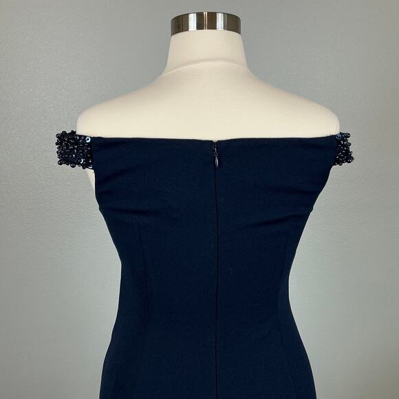 Adrianna Papell Beaded Off the Shoulder Evening Gown Blue Size 12 Thigh Slit - Picture 9 of 14